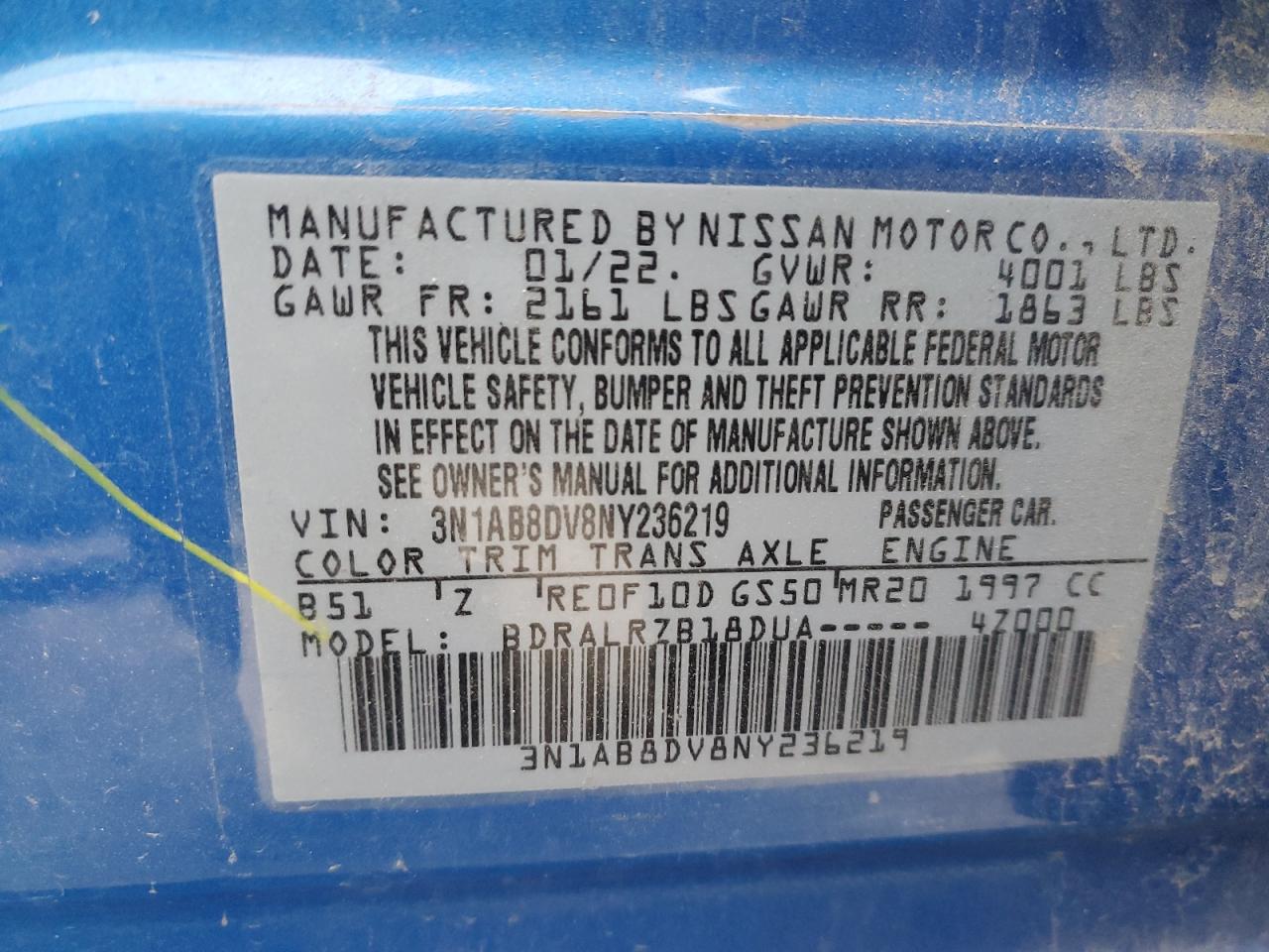3N1AB8DV8NY236219 NISSAN SENTRA 2022