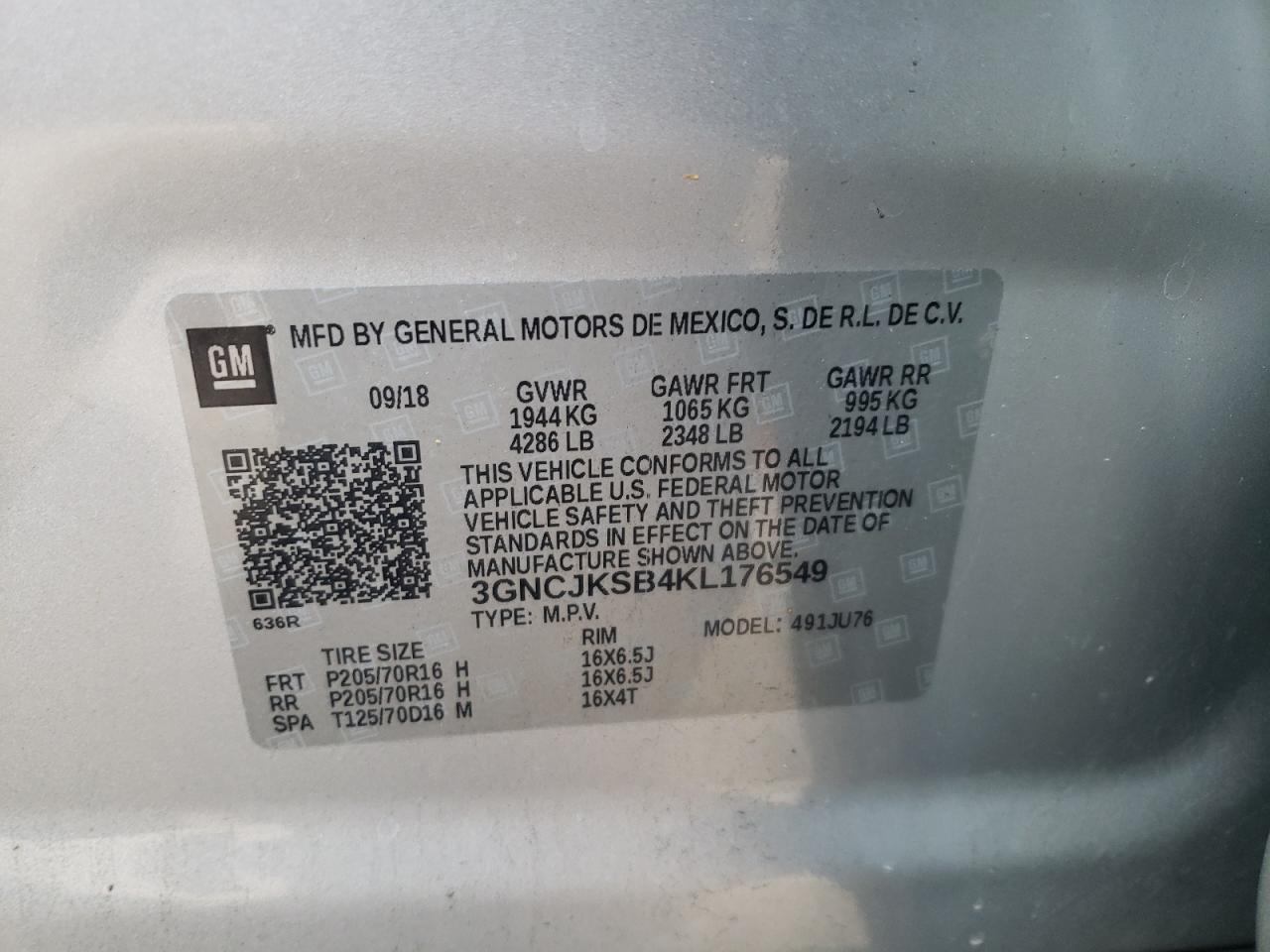 3GNCJKSB4KL176549 CHEVROLET TRAX 2019
