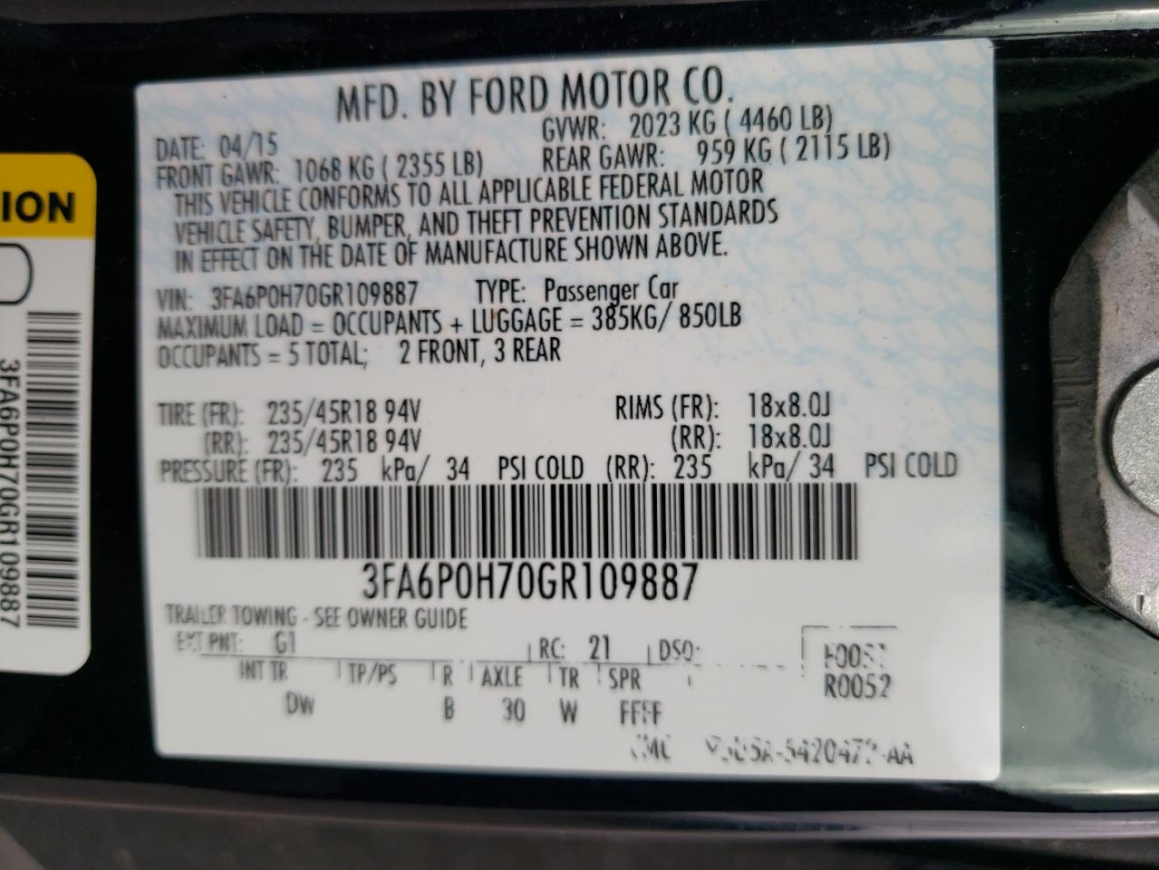 3FA6P0H70GR109887 FORD FUSION 2016