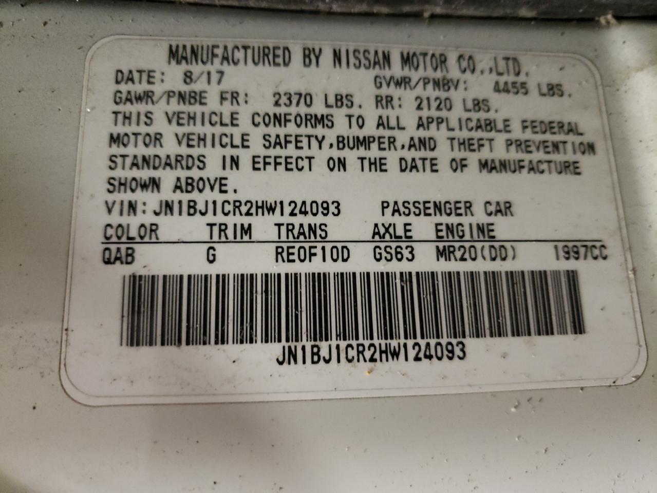 JN1BJ1CR2HW124093 NISSAN ROGUE 2017