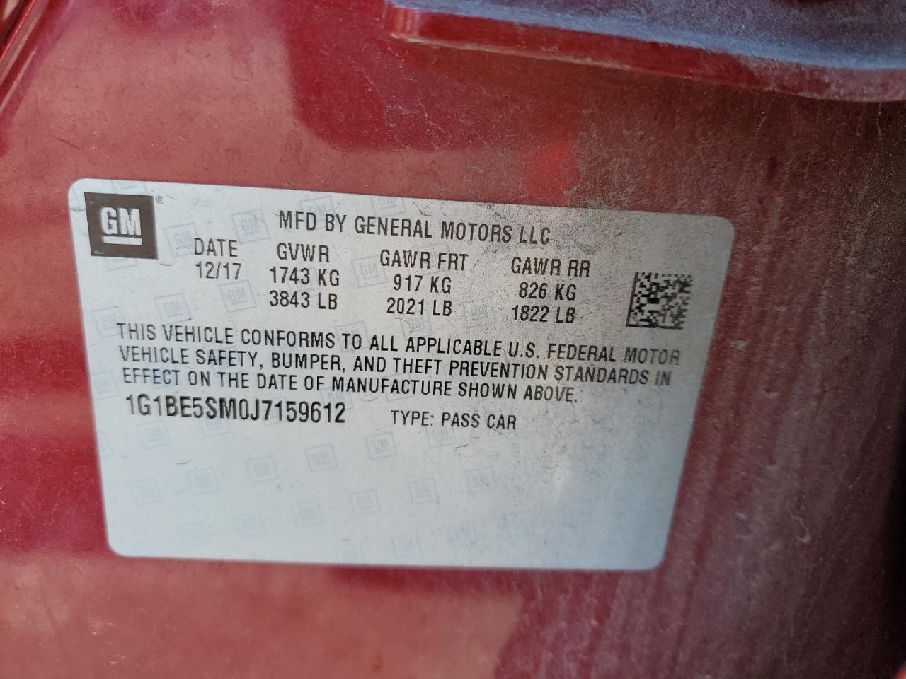 1G1BE5SM0J7159612 CHEVROLET CRUZE 2018