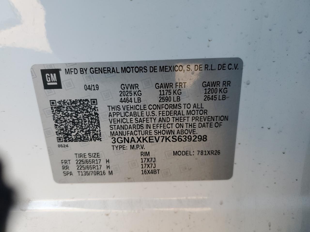 3GNAXKEV7KS639298 CHEVROLET EQUINOX 2019