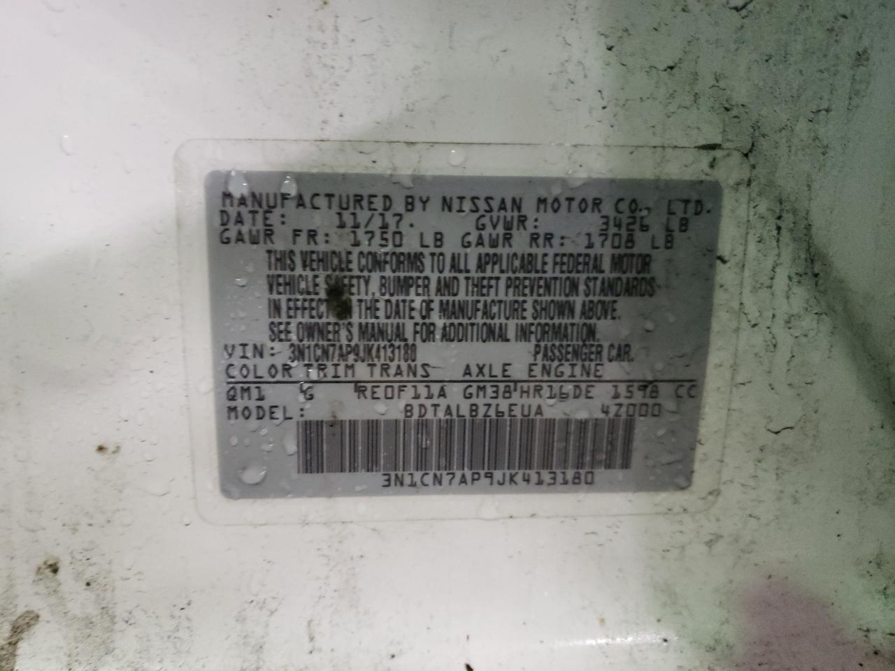 3N1CN7AP9JK413180 NISSAN VERSA 2018