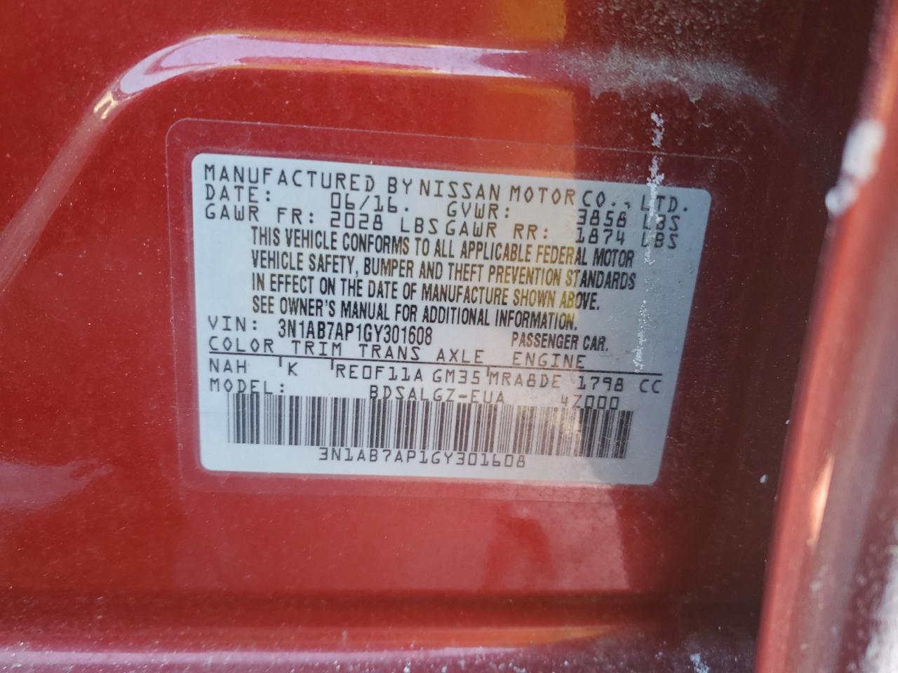 3N1AB7AP1GY301608 NISSAN SENTRA 2016