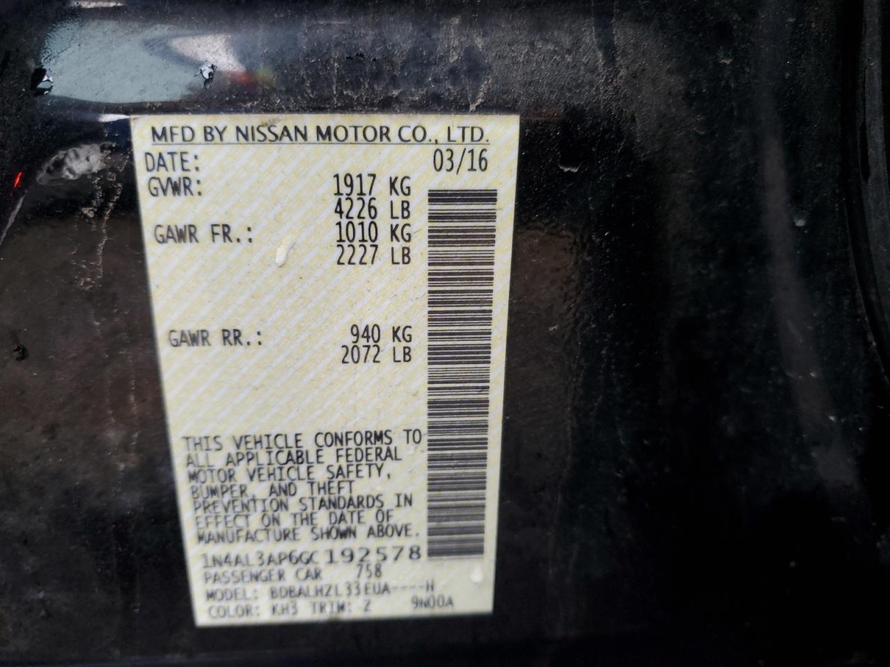 1N4AL3AP6GC192578 NISSAN ALTIMA 2016
