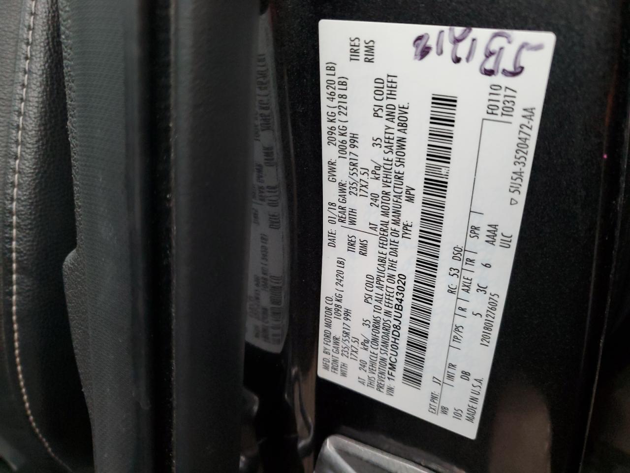 1FMCU0HD8JUB43020 FORD ESCAPE 2018