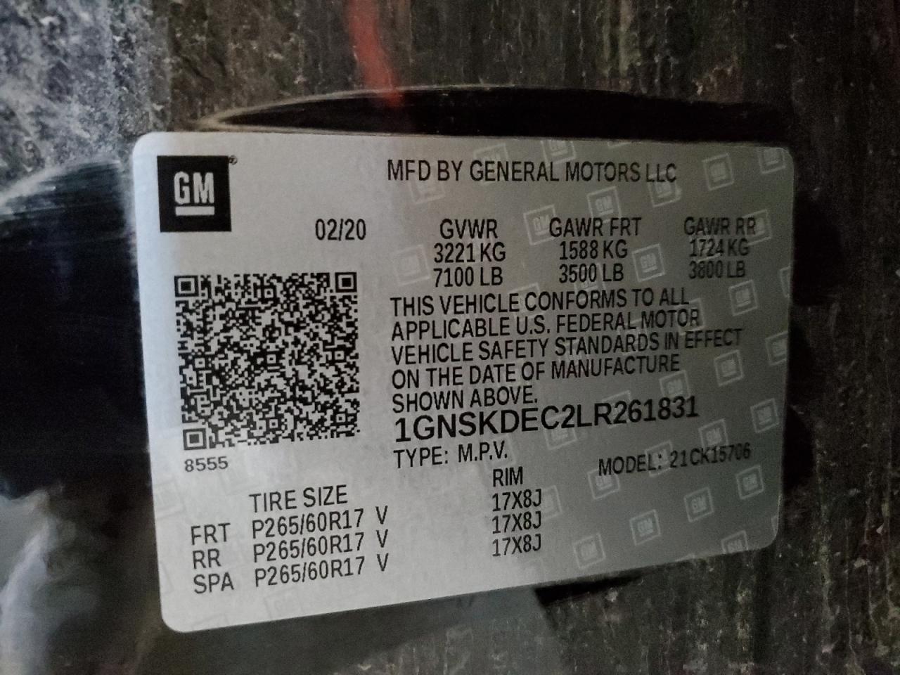 1GNSKDEC2LR261831 CHEVROLET TAHOE 2020