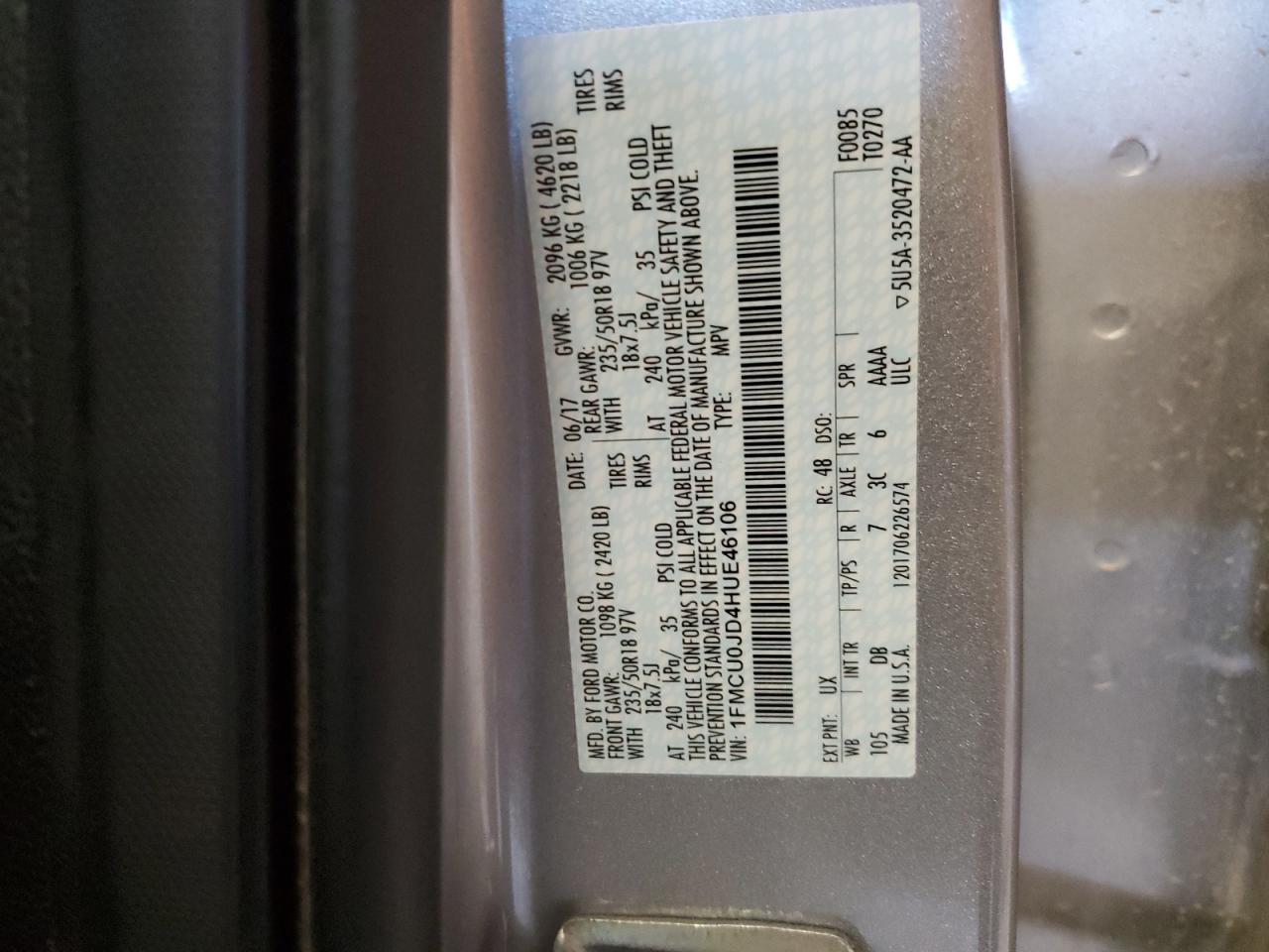 1FMCU0JD4HUE46106 FORD ESCAPE 2017