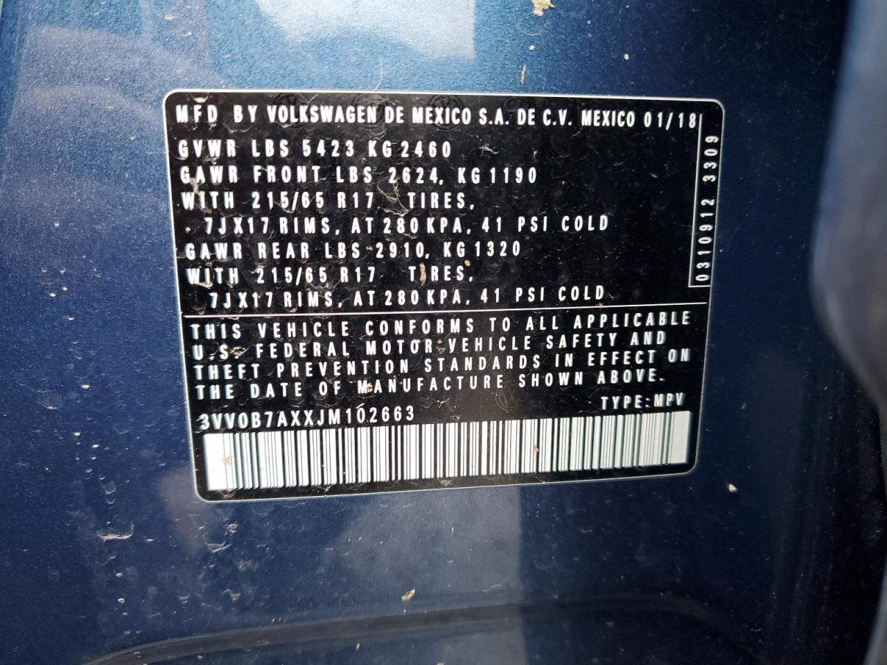 3VV0B7AXXJM102663 VOLKSWAGEN TIGUAN 2018