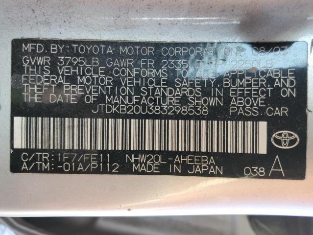 2008 Toyota Prius VIN: JTDKB20U383298538 Lot: 37053344