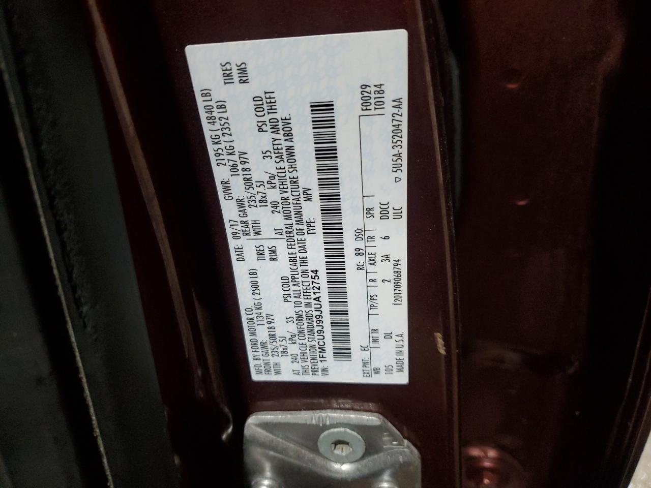 1FMCU9J99JUA12754 FORD ESCAPE 2018