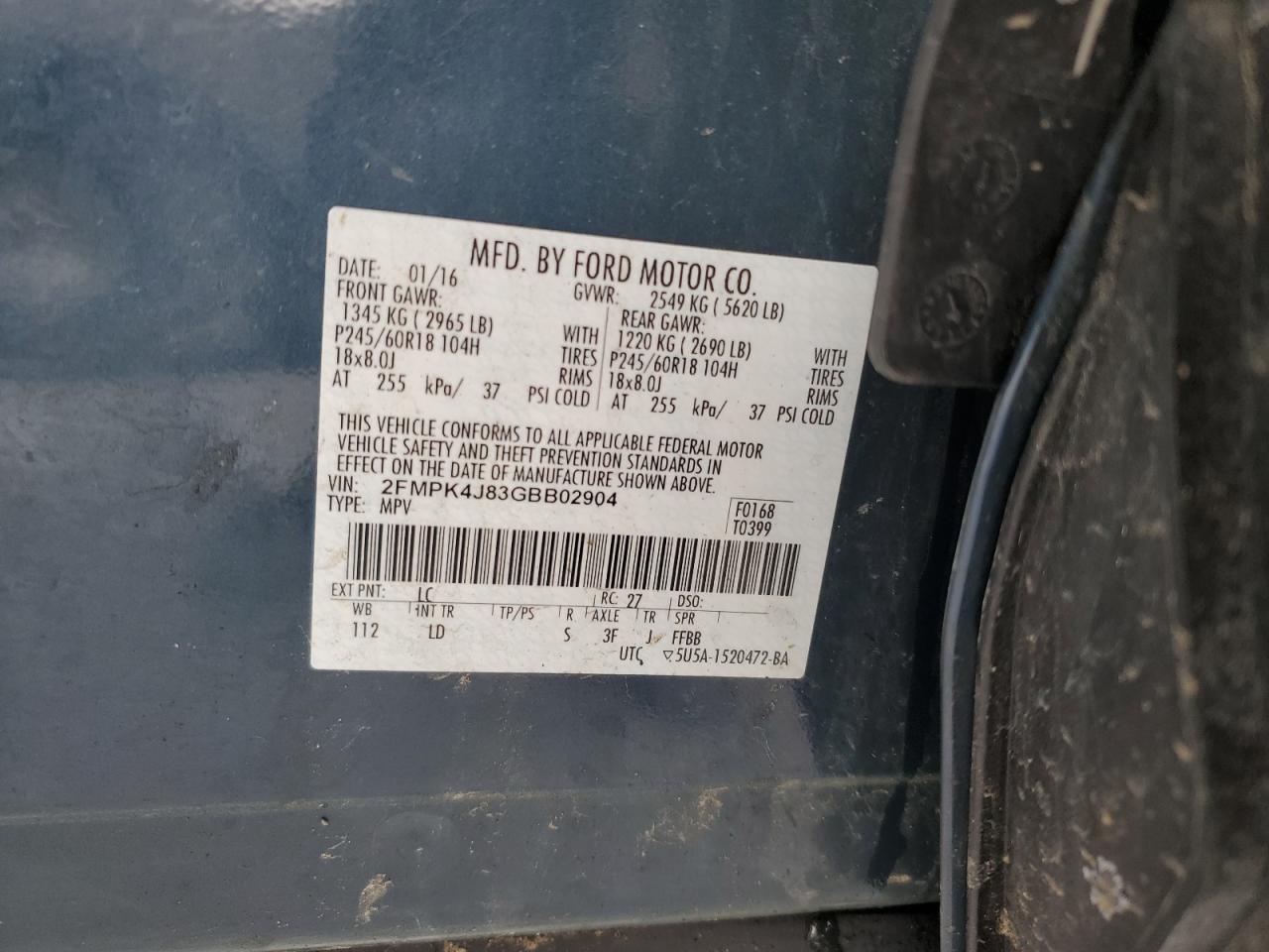2FMPK4J83GBB02904 FORD EDGE 2016