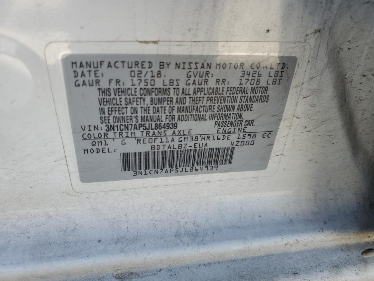 3N1CN7AP5JL864939 NISSAN VERSA 2018