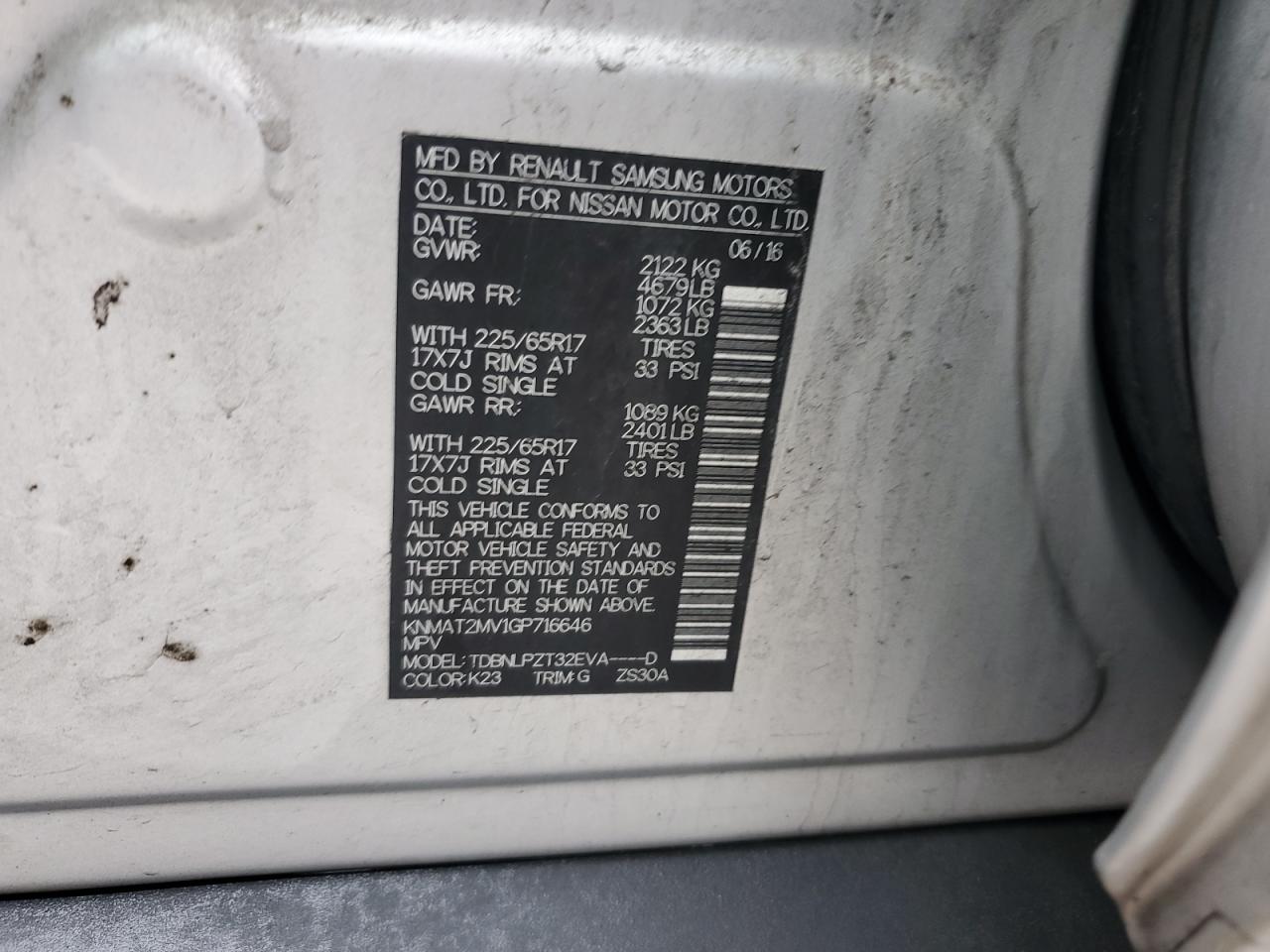KNMAT2MV1GP716646 NISSAN ROGUE 2016