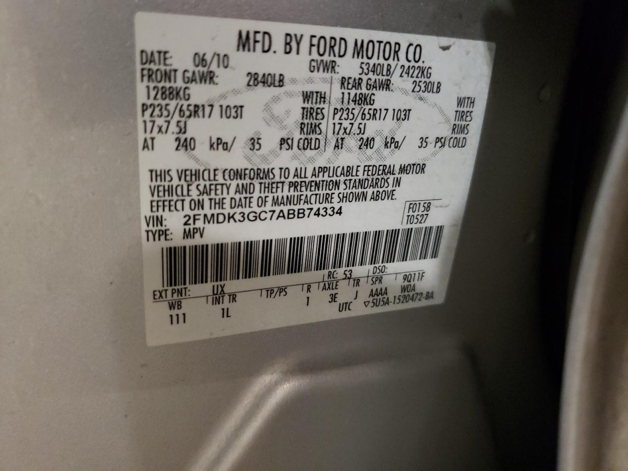 2FMDK3GC7ABB74334 2010 Ford Edge Se