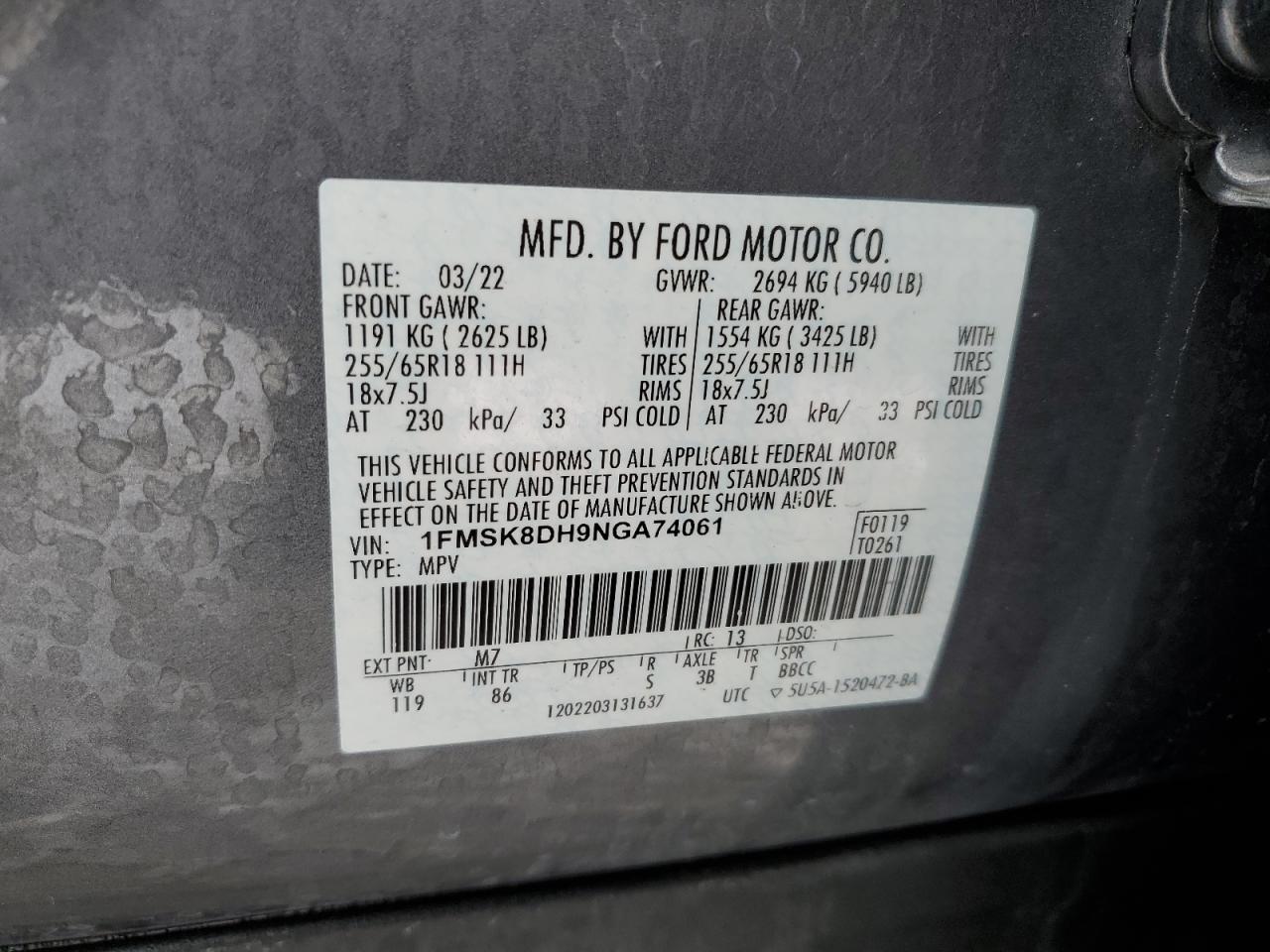 1FMSK8DH9NGA74061 FORD EXPLORER 2022