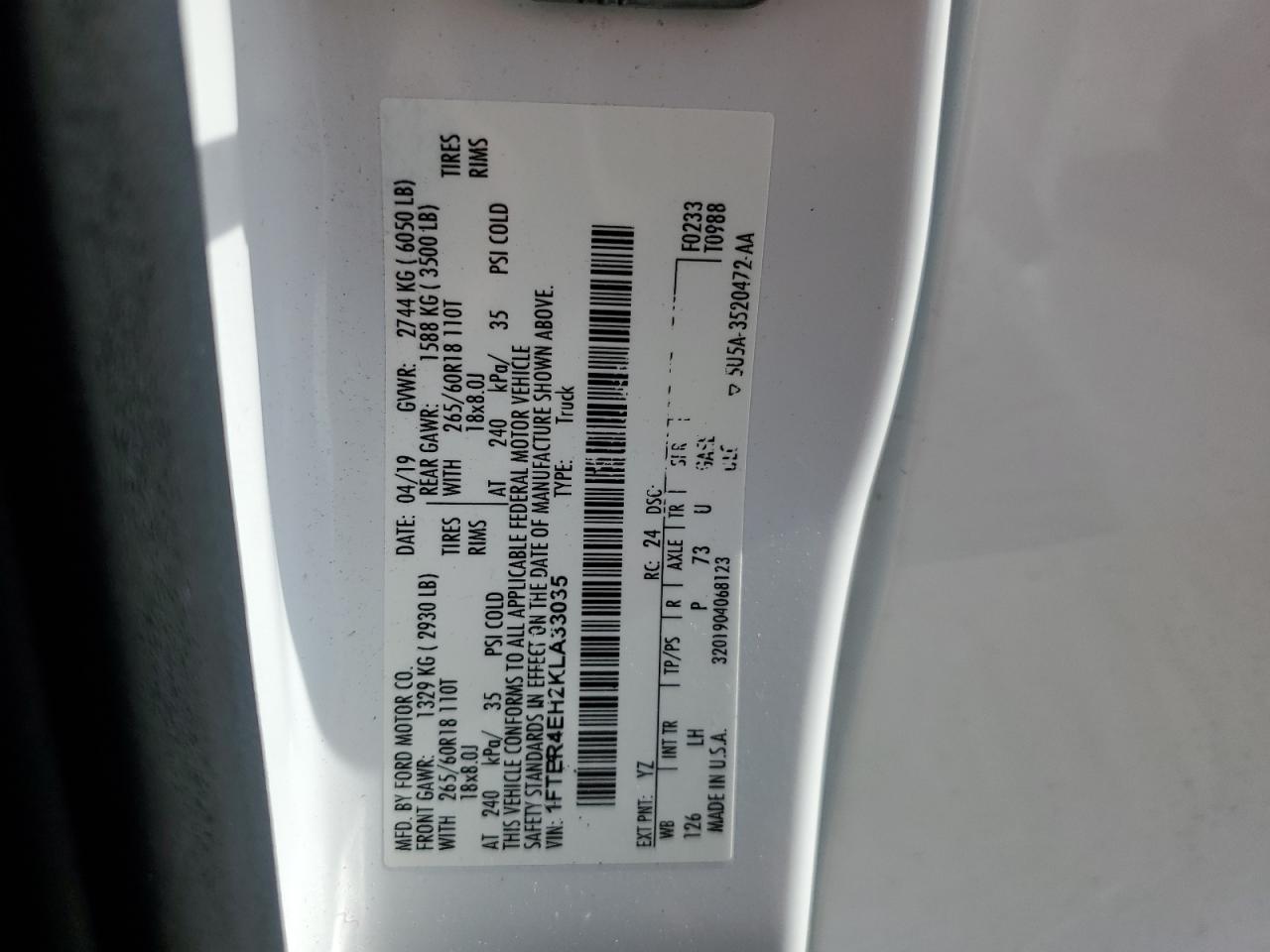 1FTER4EH2KLA33035 FORD RANGER 2019