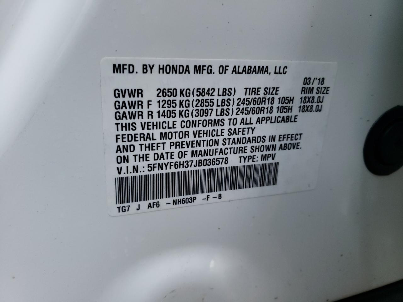 5FNYF6H37JB036578 HONDA PILOT 2018