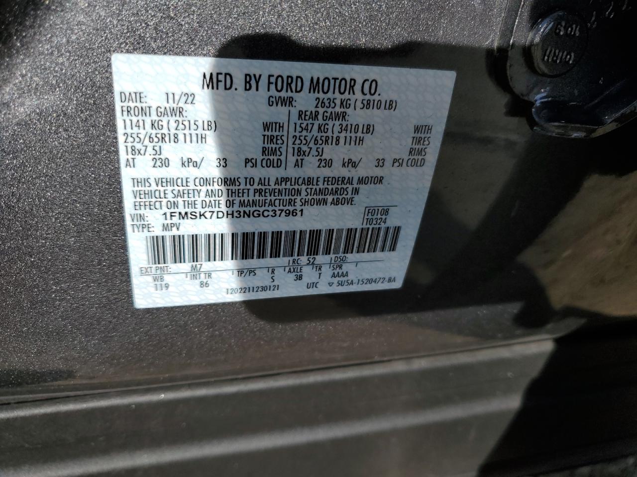 1FMSK7DH3NGC37961 FORD EXPLORER 2022