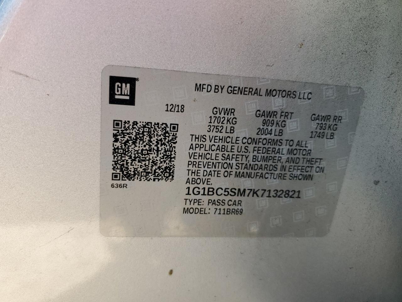 1G1BC5SM7K7132821 CHEVROLET CRUZE 2019