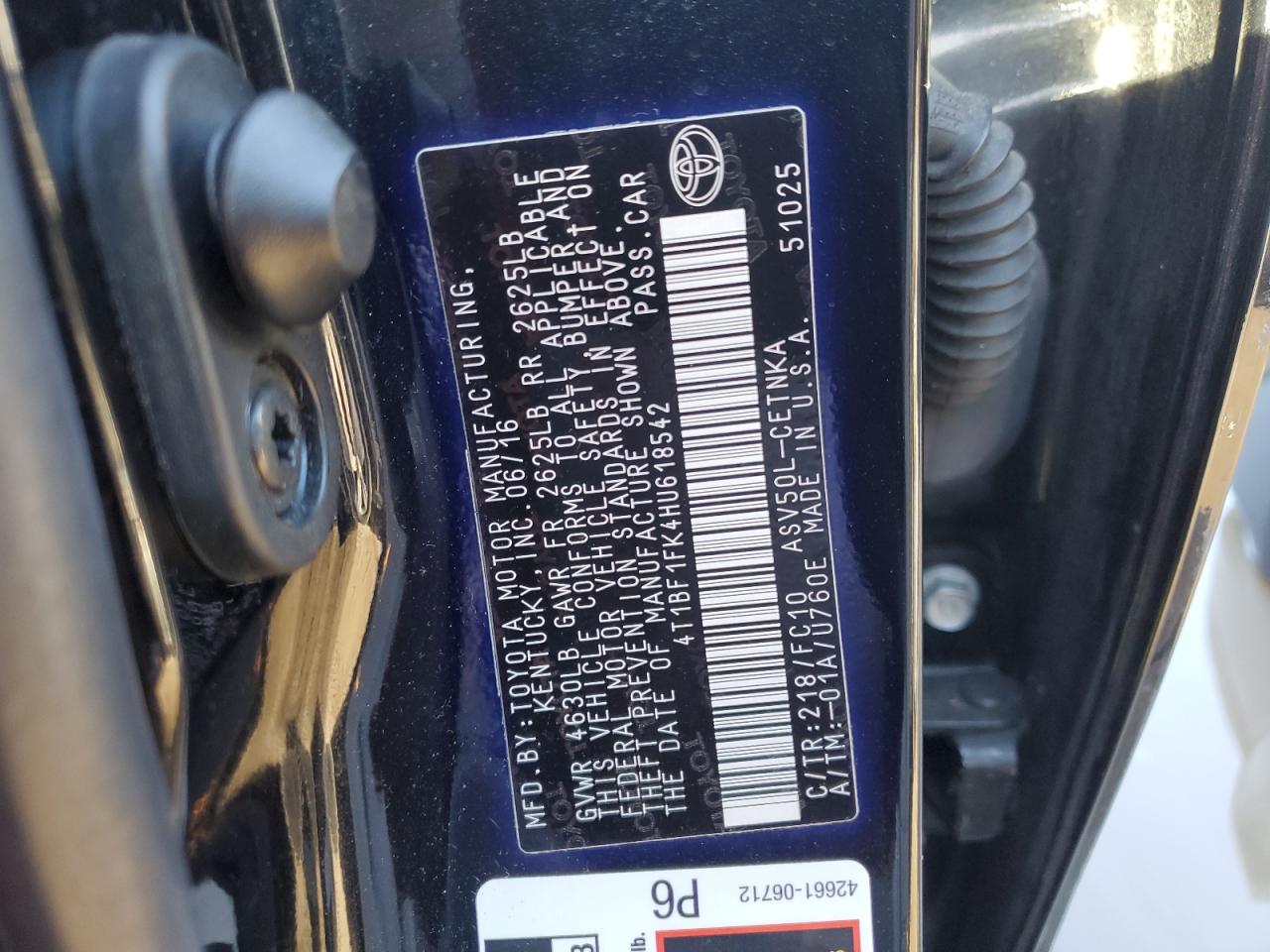 4T1BF1FK4HU618542 TOYOTA CAMRY 2017
