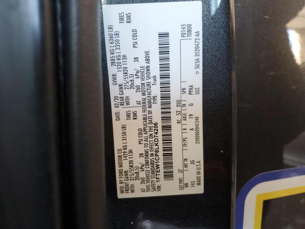 1FTEW1CP8LKD74206 FORD F-150 2020