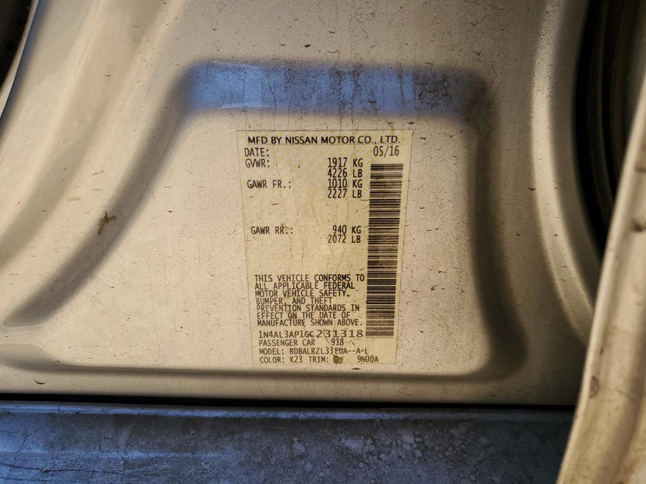 1N4AL3AP1GC231318 NISSAN ALTIMA 2016