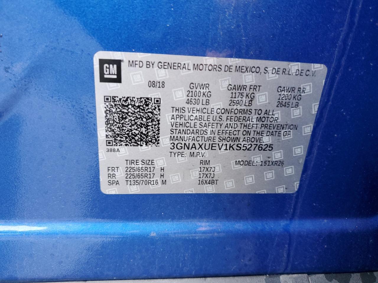 3GNAXUEV1KS527625 CHEVROLET EQUINOX 2019