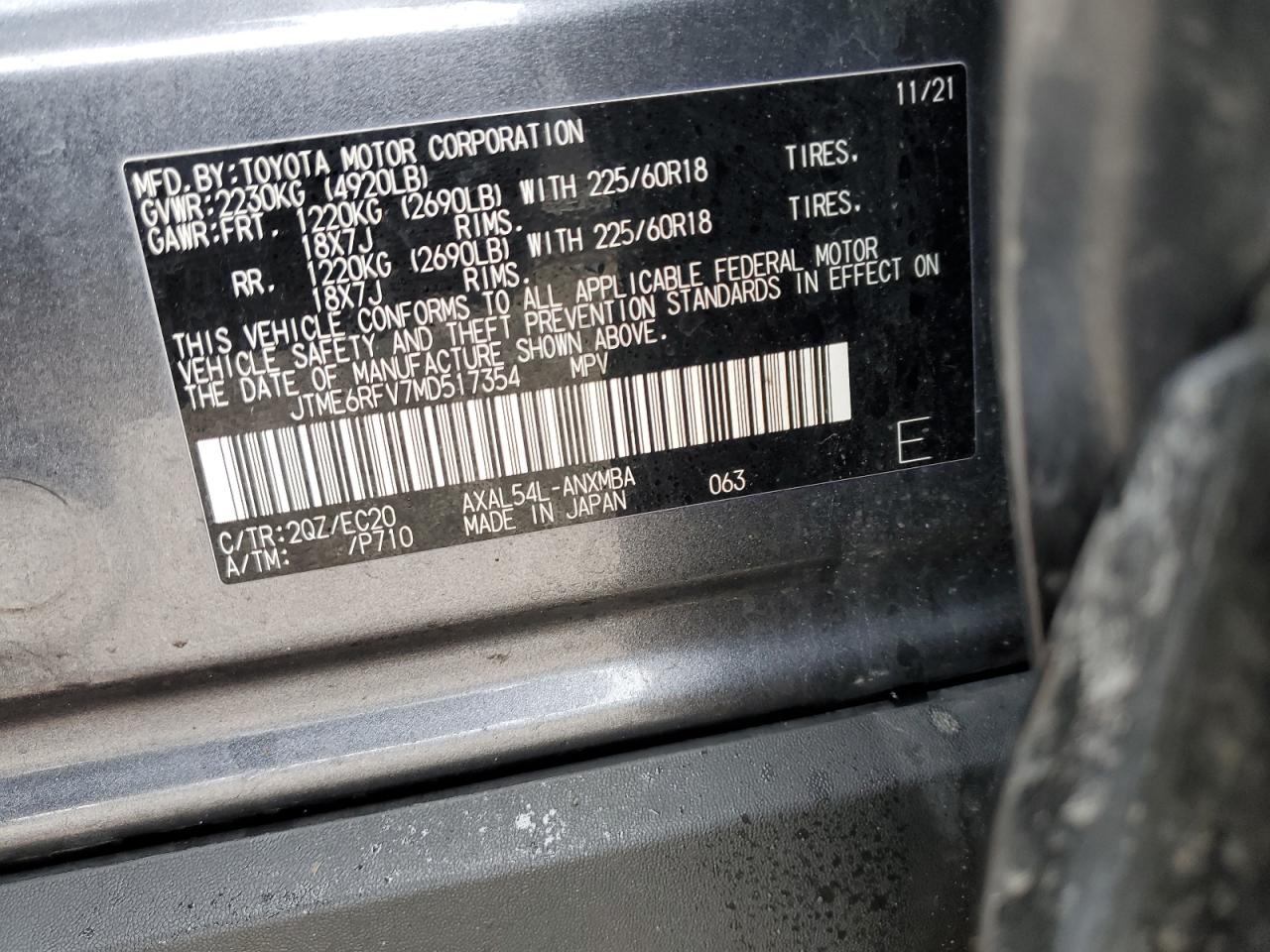 JTME6RFV7MD517354 TOYOTA RAV4 2021