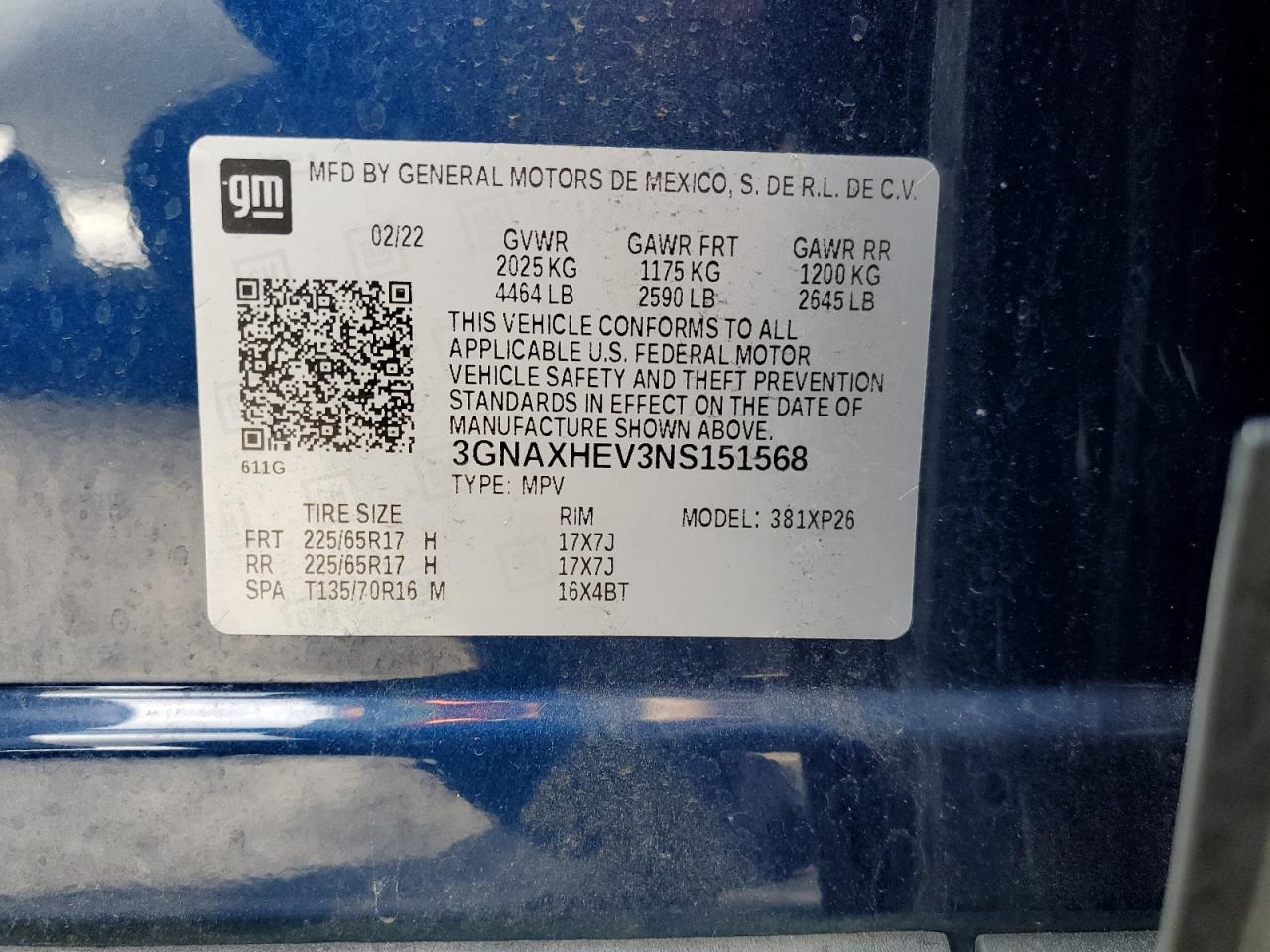 3GNAXHEV3NS151568 CHEVROLET EQUINOX 2022