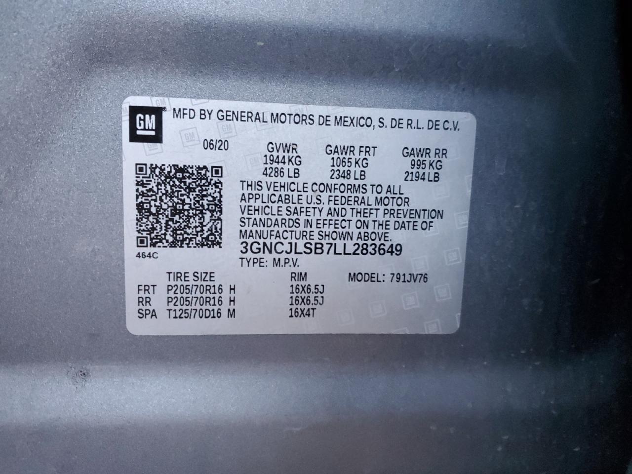 3GNCJLSB7LL283649 CHEVROLET TRAX 2020