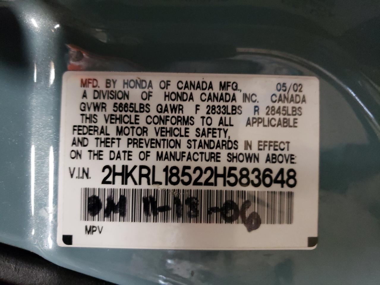 2HKRL18522H583648 2002 Honda Odyssey Lx