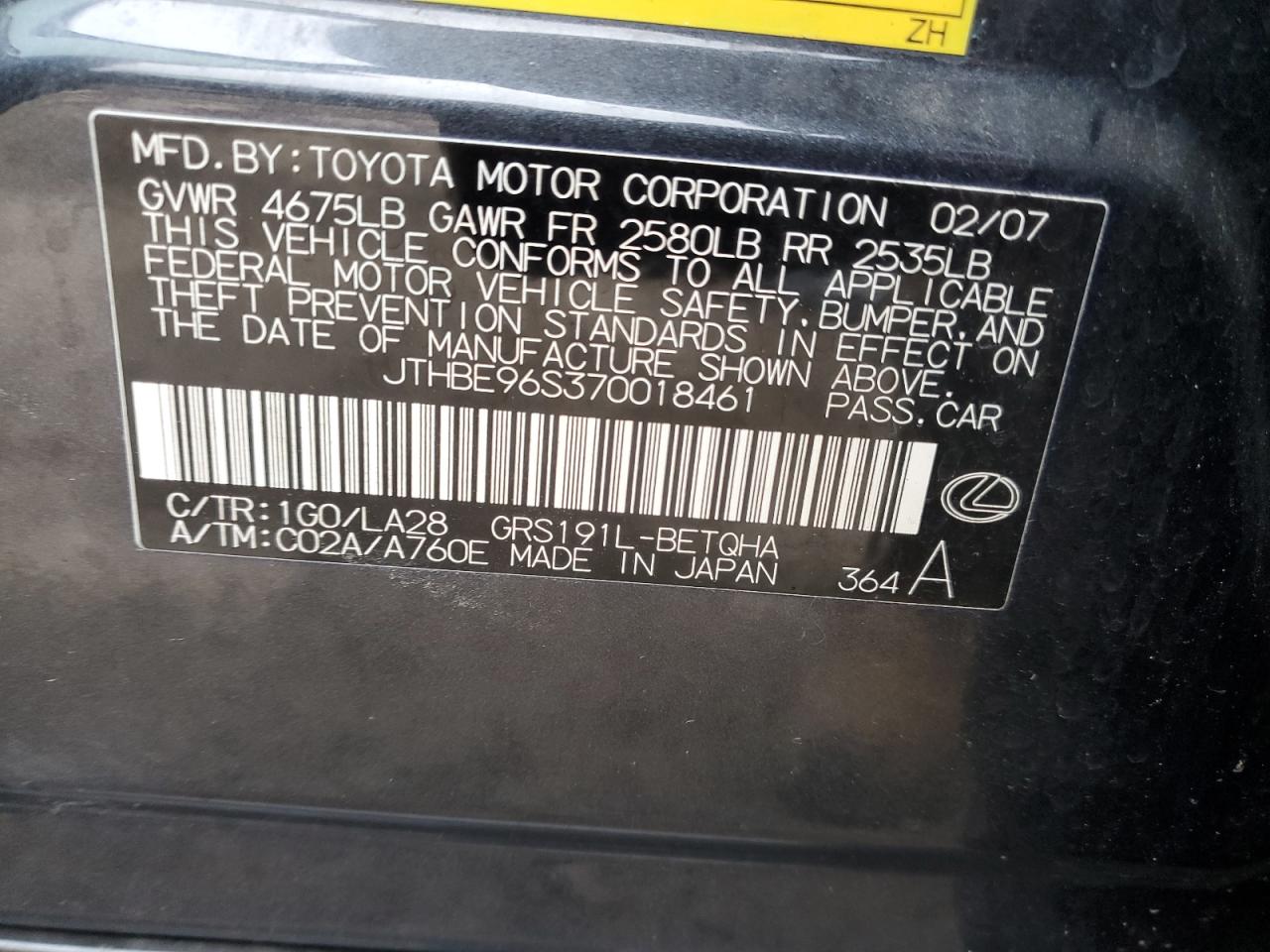 jthbe96s370018461 JTHBE96S370018461 2007 Lexus Gs 350