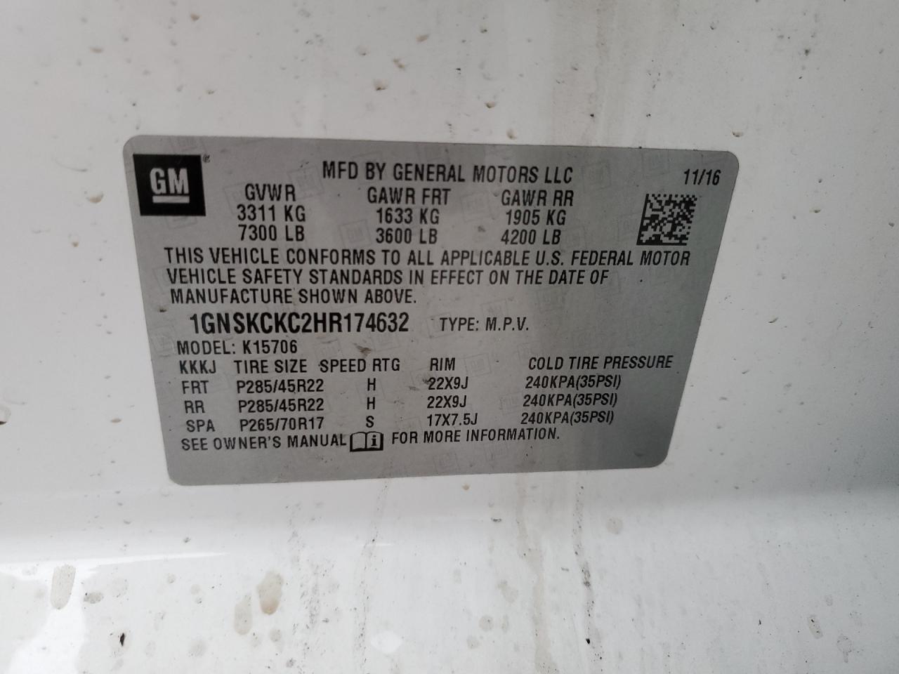 1GNSKCKC2HR174632 CHEVROLET TAHOE 2017