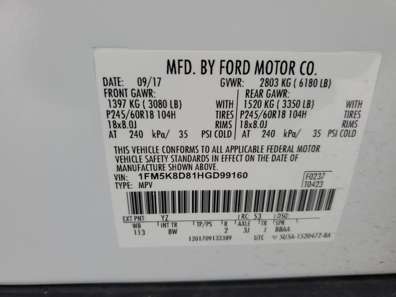 1FM5K8D81HGD99160 FORD EXPLORER 2017