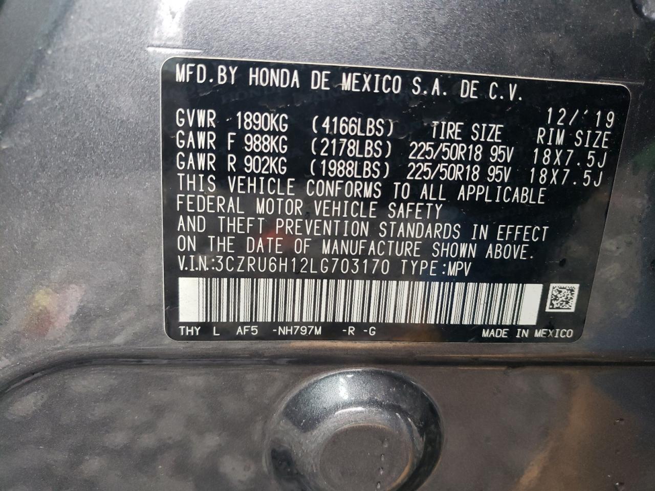 3CZRU6H12LG703170 HONDA HR-V 2020