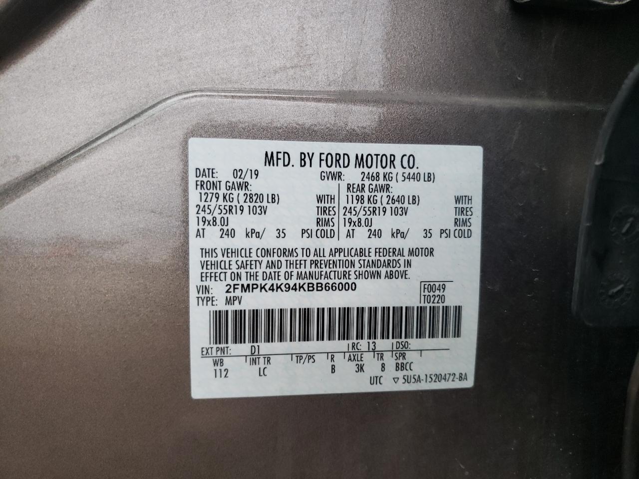 2FMPK4K94KBB66000 FORD EDGE 2019