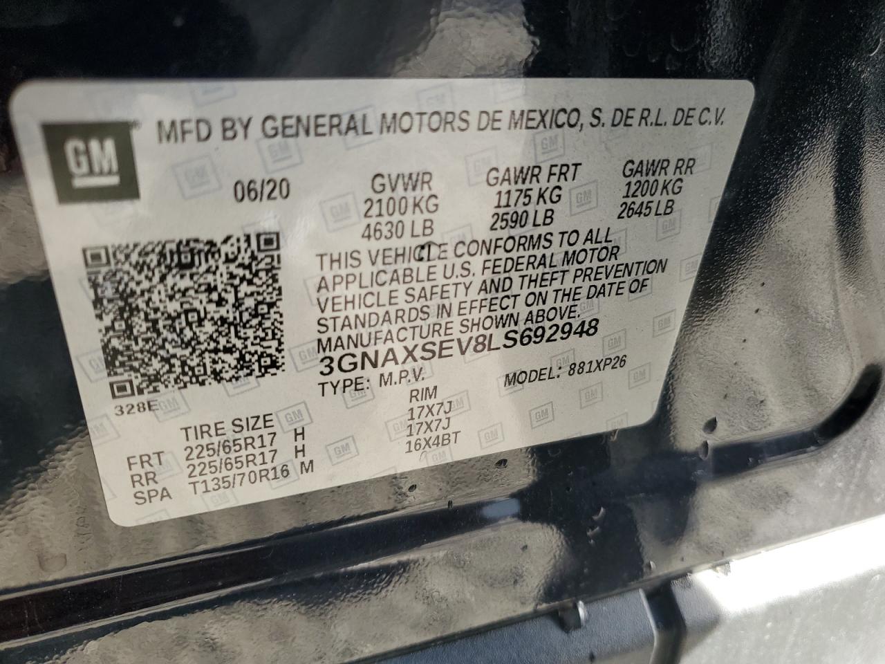 3GNAXSEV8LS692948 CHEVROLET EQUINOX 2020