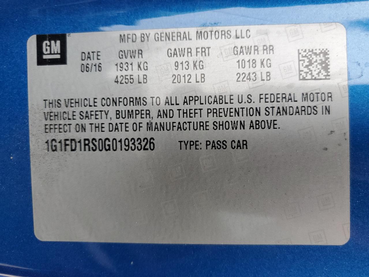 1G1FD1RS0G0193326 CHEVROLET CAMARO 2016