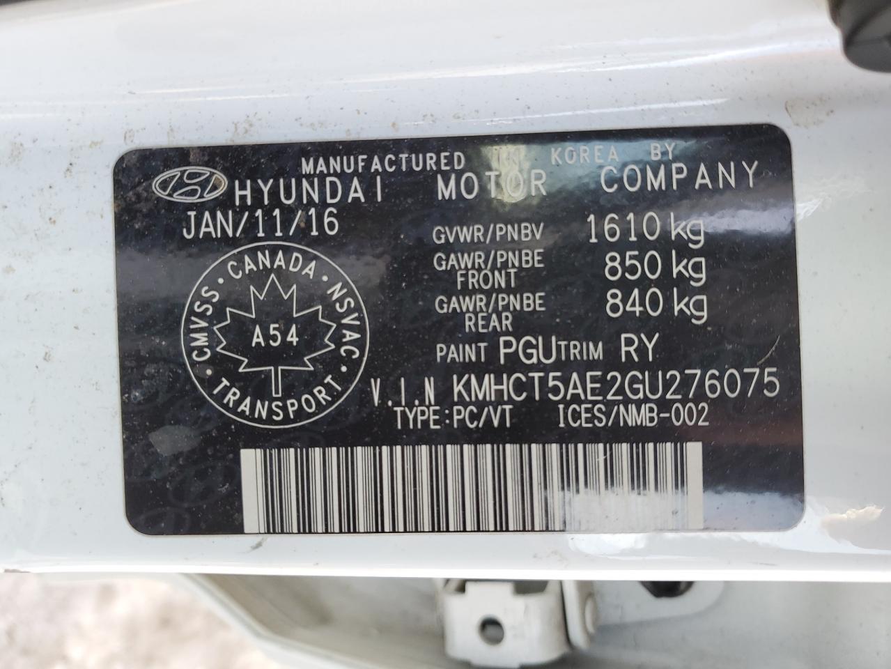 KMHCT5AE2GU276075 HYUNDAI ACCENT 2016