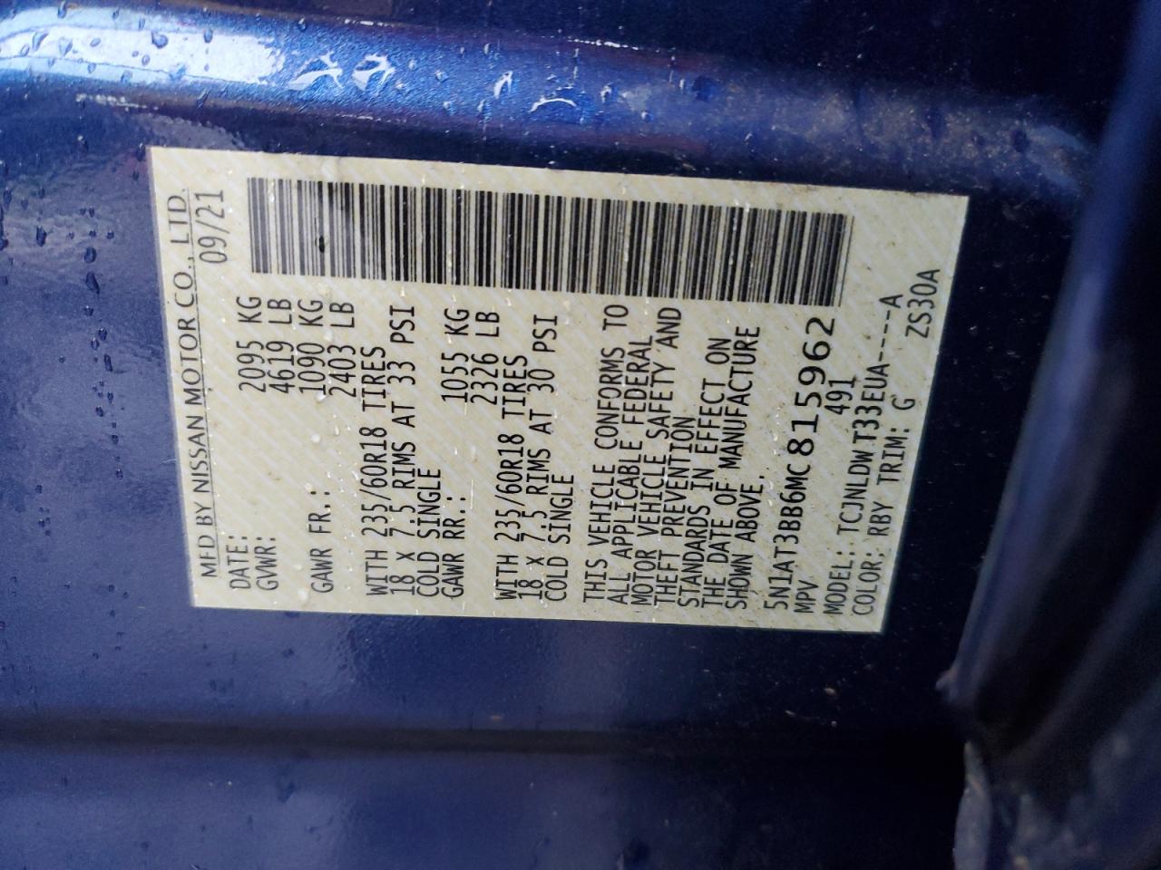 5N1AT3BB6MC815962 NISSAN ROGUE 2021