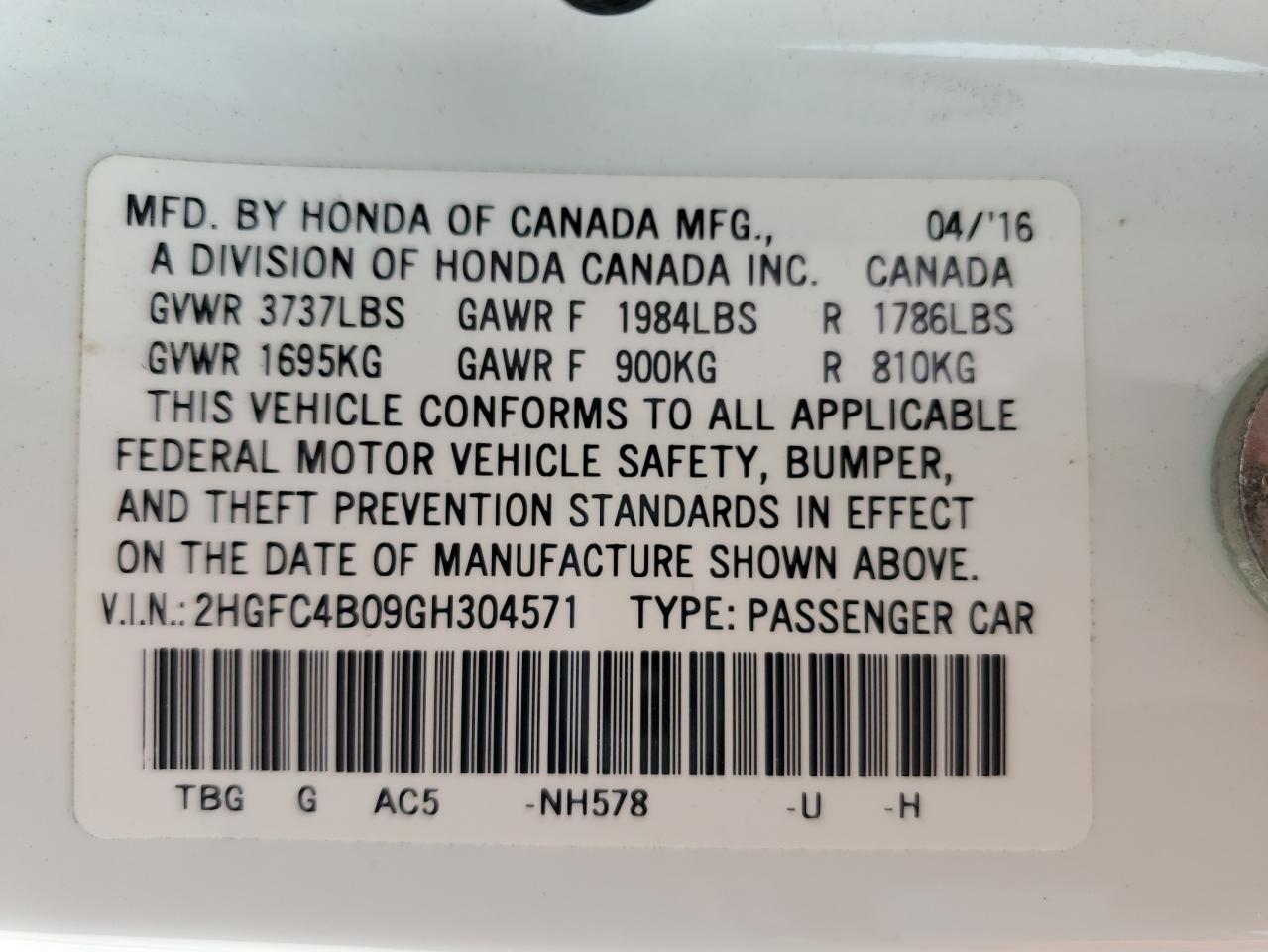 2HGFC4B09GH304571 HONDA CIVIC 2016