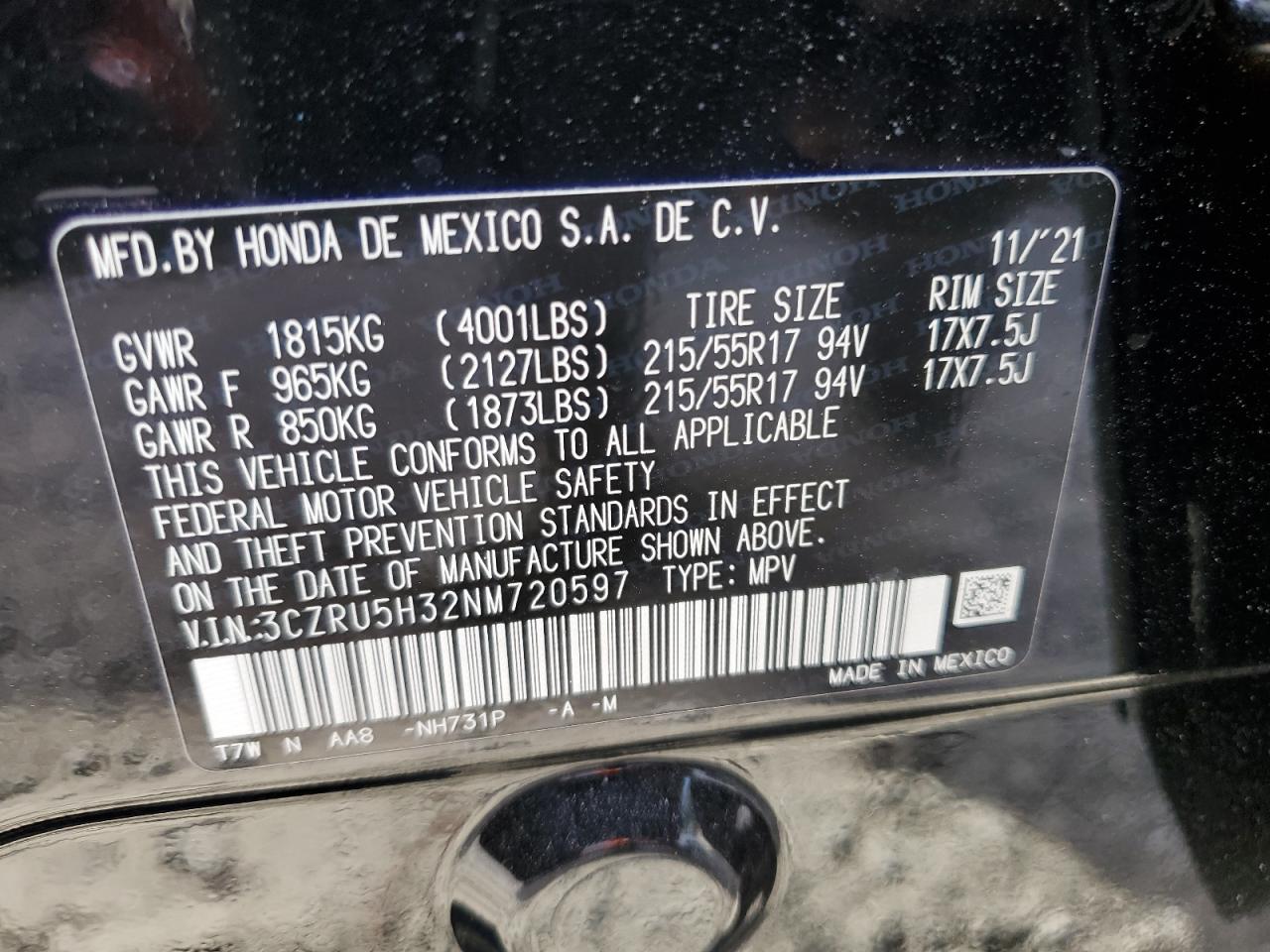 VIN: 3CZRU5H32NM720597 2022 HONDA HR-V