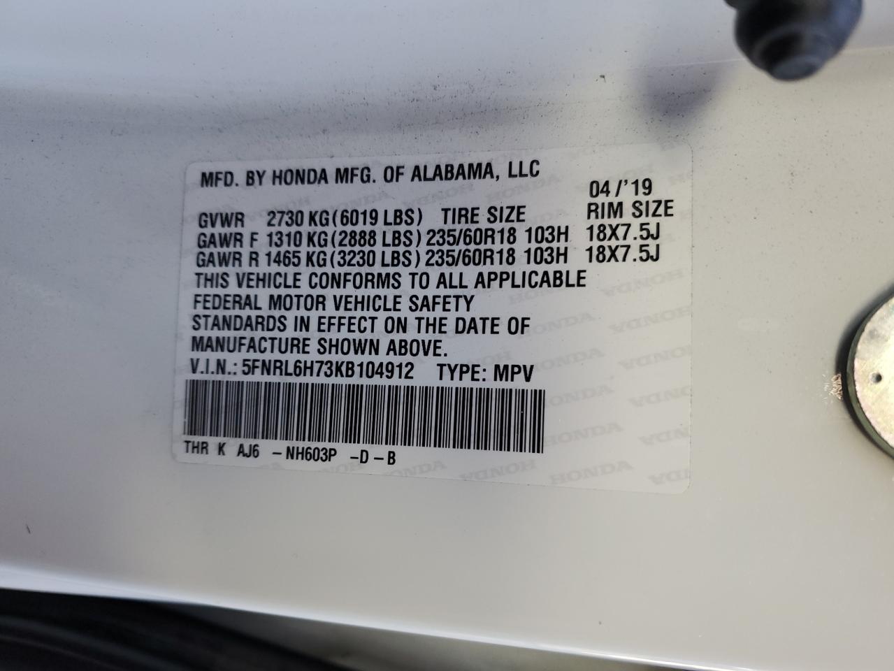 5FNRL6H73KB104912 HONDA All Models 2019