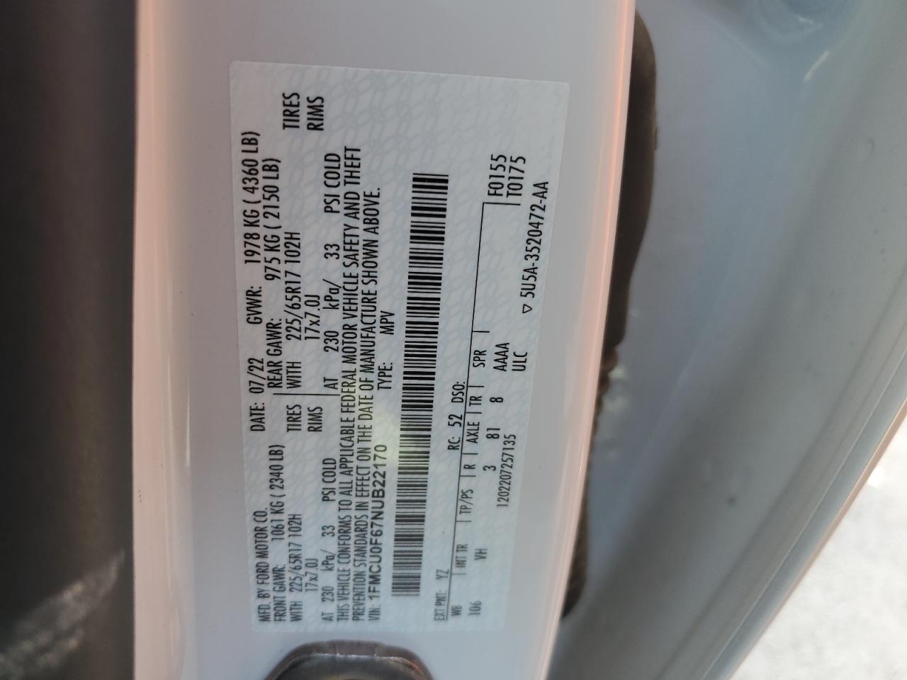 1FMCU0F67NUB22170 FORD ESCAPE 2022