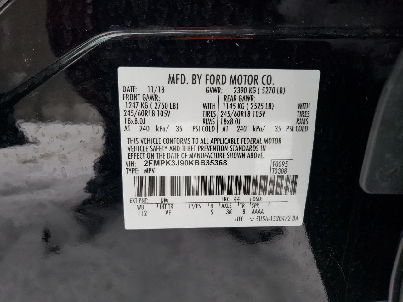 2FMPK3J90KBB35368 FORD EDGE 2019