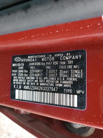 2019 Hyundai Tucson Se VIN: KM8J23A42KU037947 Lot: 62525384