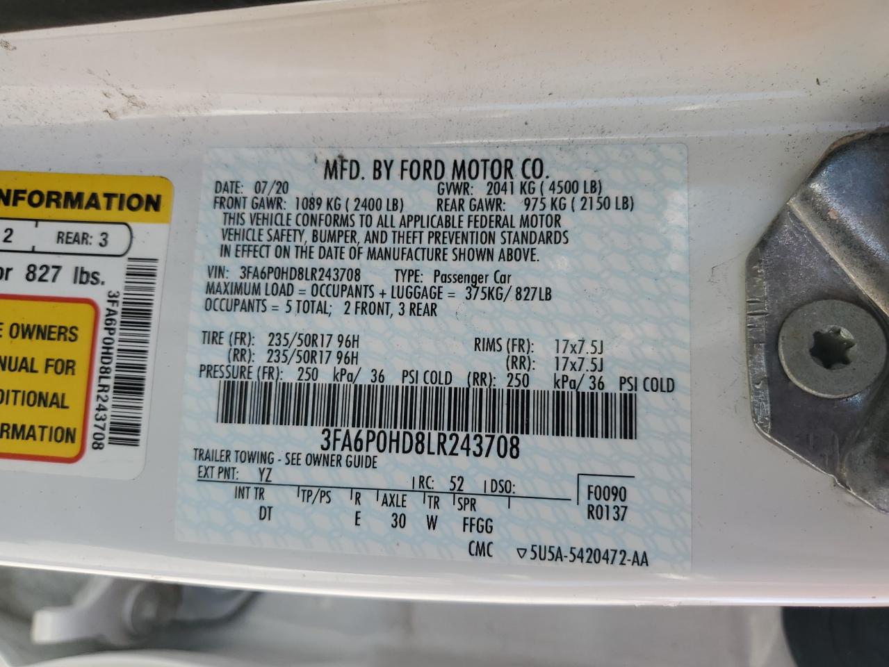 3FA6P0HD8LR243708 FORD FUSION 2020