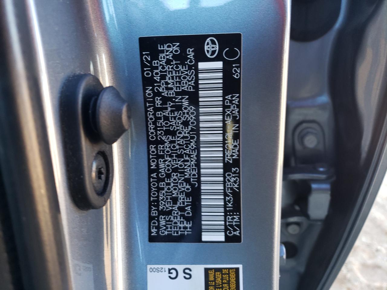 JTDEPMAE9MJ170909 TOYOTA COROLLA 2021