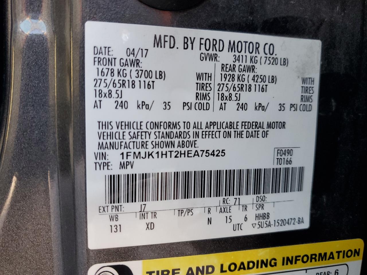 1FMJK1HT2HEA75425 FORD EXPEDITION 2017